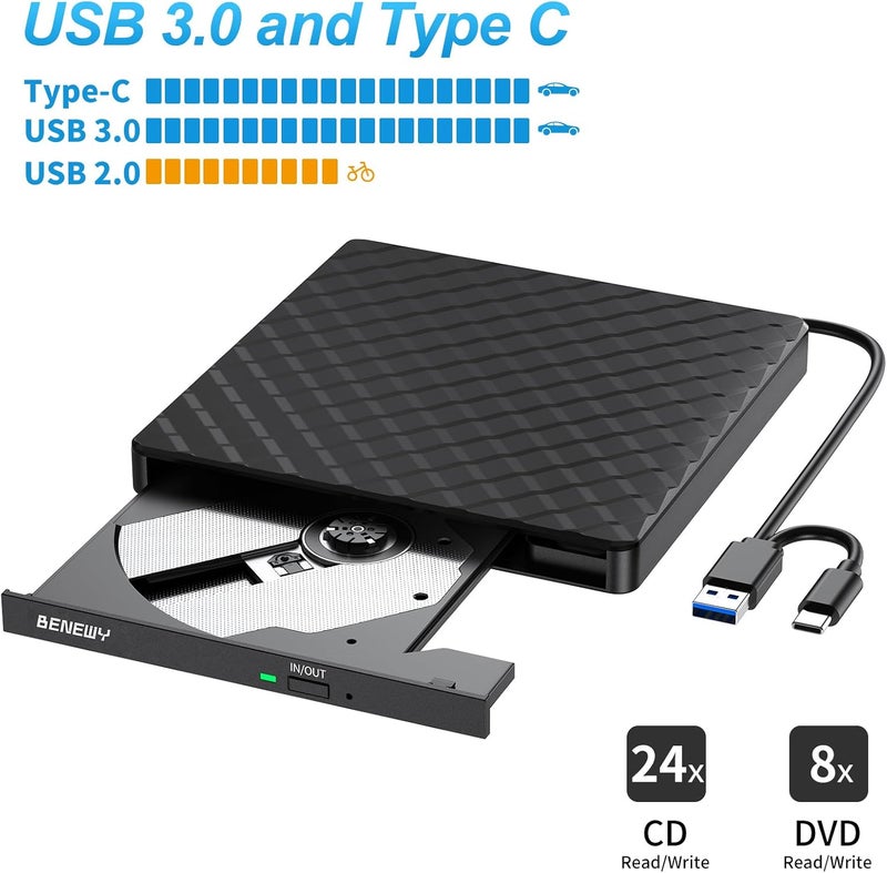 BENEWY External CD DVD Drive for Laptop, USB 3.0 USB C CD Burner DVD/CD ROM Drive Reader External DVD Drive DVD Player for Laptop Desktop PC Windows 11/10/8.1/7 MacBook Mac Linux OS Apple Black - Image 5